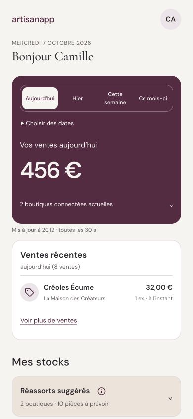 Accueil ArtisanApp dans l’ambiance prune et ivoire