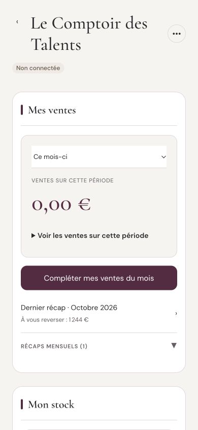 Fiche boutique avec ses ventes et son stock