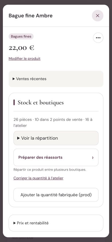 Fiche d’une bague avec prix et stocks