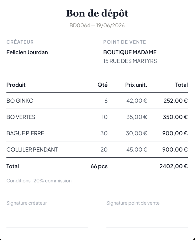 ArtisanApp — bon de dépôt