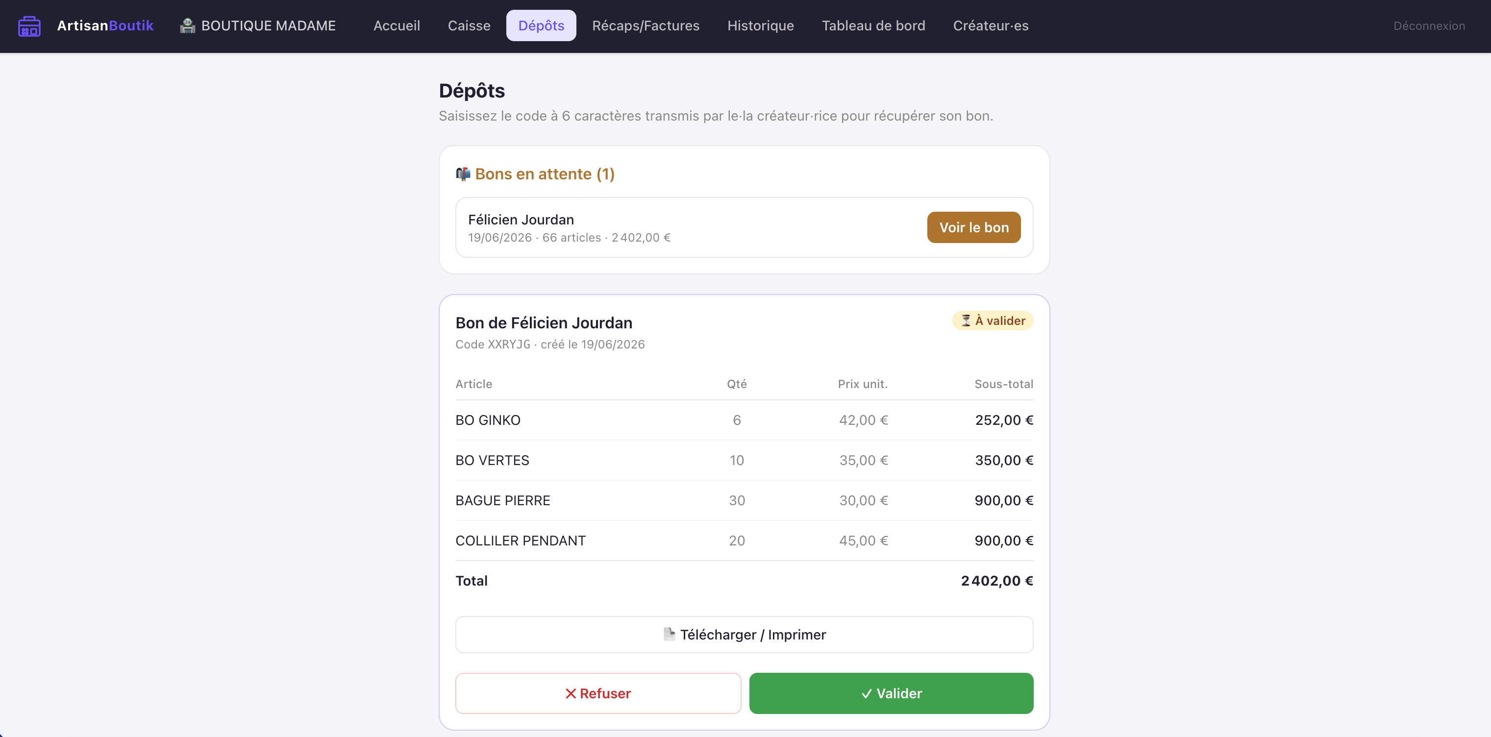 ArtisanBoutik — bon reçu en caisse
