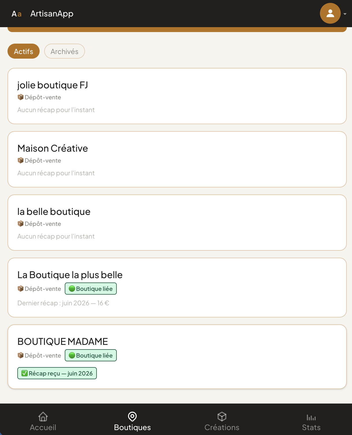 ArtisanApp — récap visible