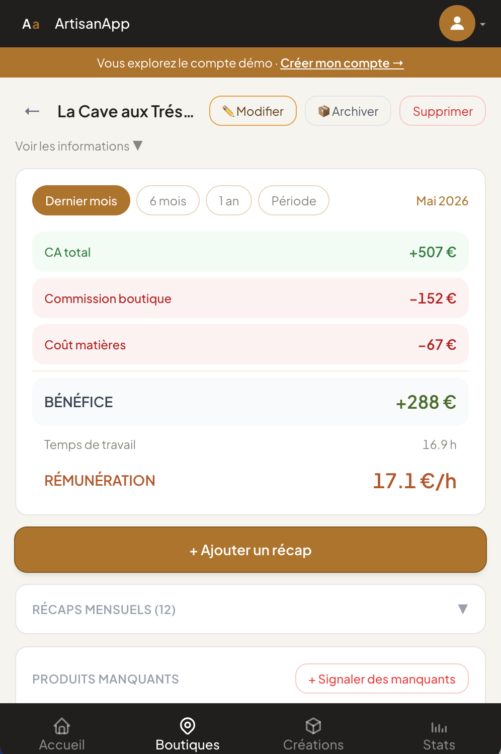 Analyse par boutique ArtisanApp