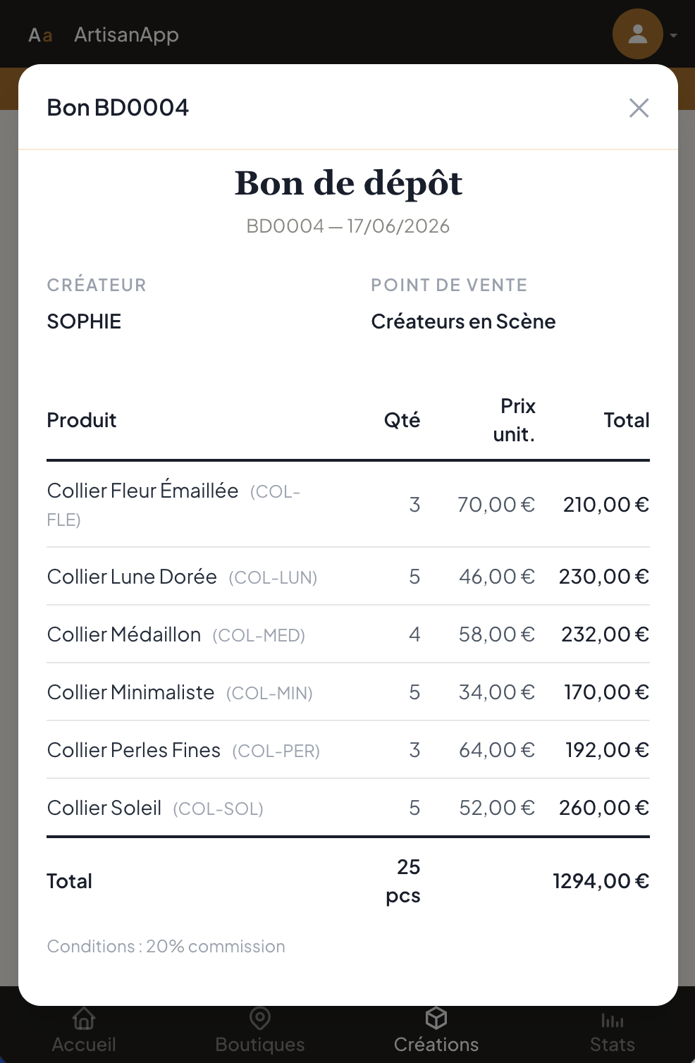 Bons de dépôt ArtisanApp