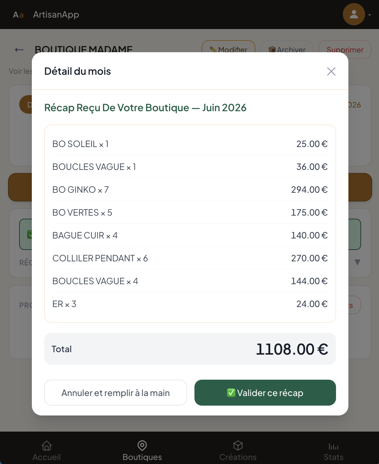 Récapitulatifs ArtisanApp