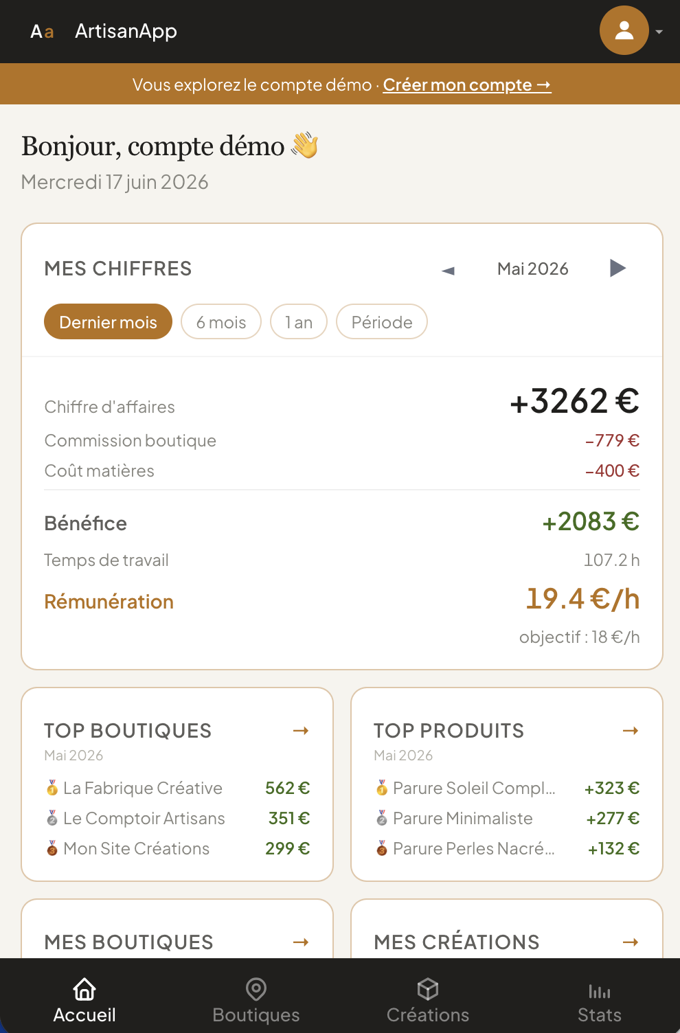 Tableau de bord ArtisanApp